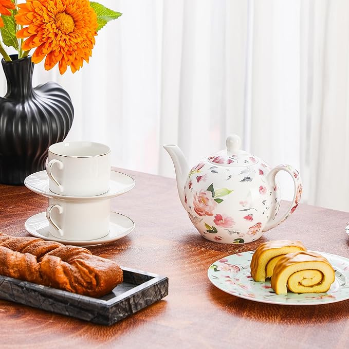 30oz Porcelain Teapot, Floral Design Ceramic Tea Pot for Loose Leaf & Bagged Tea, Classic 3-4 Cups Teapot for Daily Use & Special Occasions