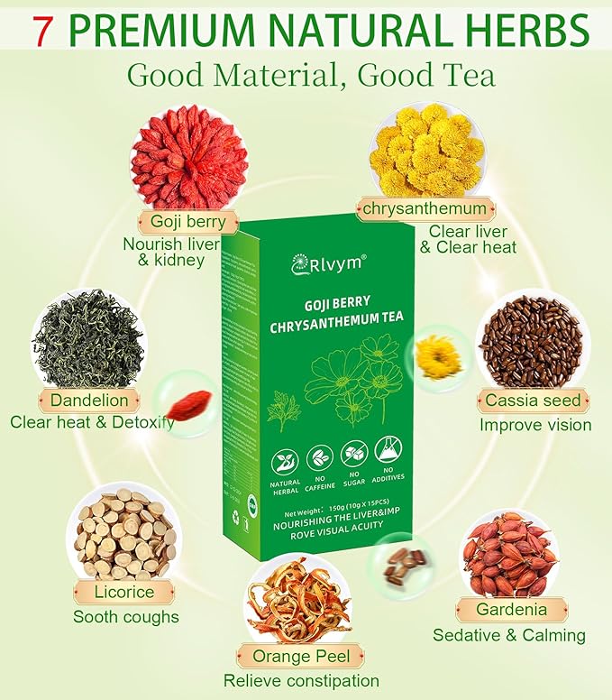 Goji Berry Chrysanthemum Tea for Liver Health, Dandelion Wolfberry Tea Bags, Chinese Health Herbal Tea, Include Cassia Seed, Licorice, Orange Peel, Gardenia, Tea Loose Leaf(1Box,15 Bags)