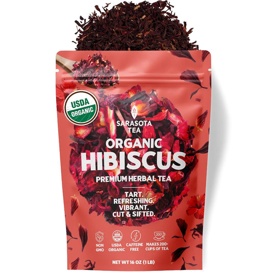 Organic Hibiscus Tea 1 lb (16 Oz) – USDA Certified Organic Hibiscus Flowers, Cut &amp; Sifted – Caffeine Free Loose Leaf Herbal Tea for Hot or Iced Tea – Non-GMO Bulk Resealable Bag