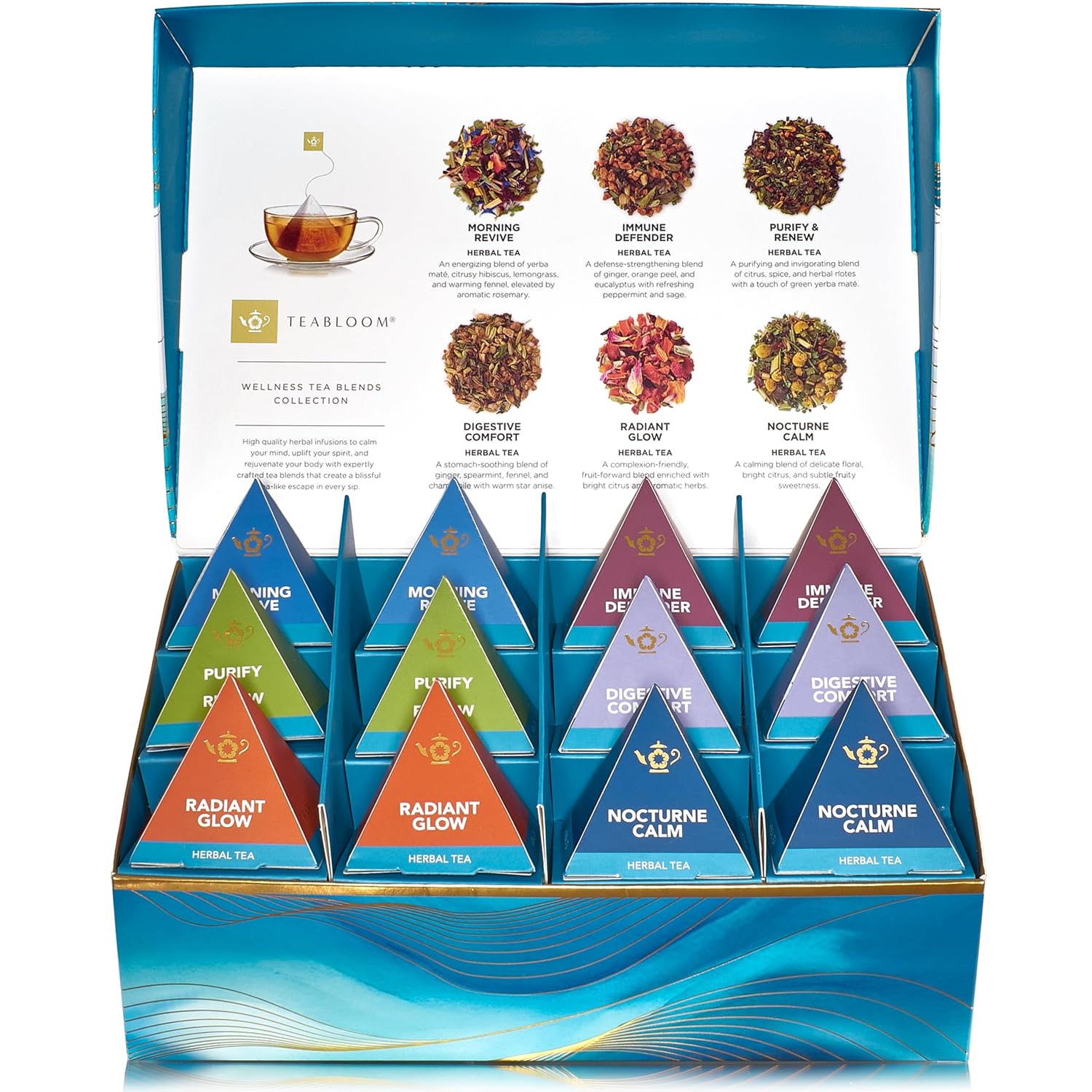 Teabloom Wellness Tea Collection – Fruit & Herbal Assortment with 12 Plant-Based Pyramid Sachets, Organic Ingredients, Elegant Presentation Box, Thoughtful Gift for Tea Lovers