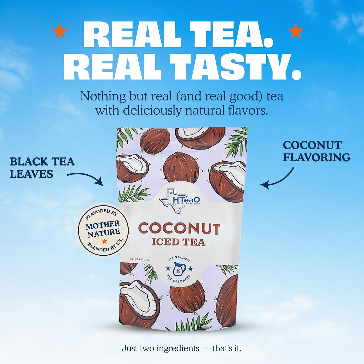 HTeaO Coconut Iced Tea Bags - Makes 4 Gallons - Texas Style - Black Tea