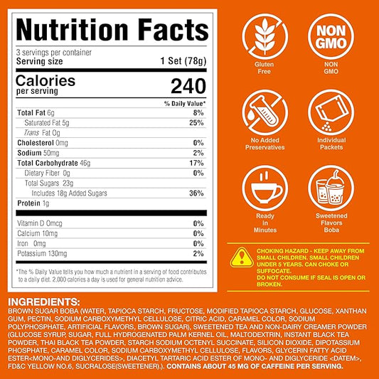 J WAY Instant Thai Milk Tea Kit with Authentic Brown Sugar Tapioca Boba, Ready in Under One Minute, Paper Straws Included - 3 Servings