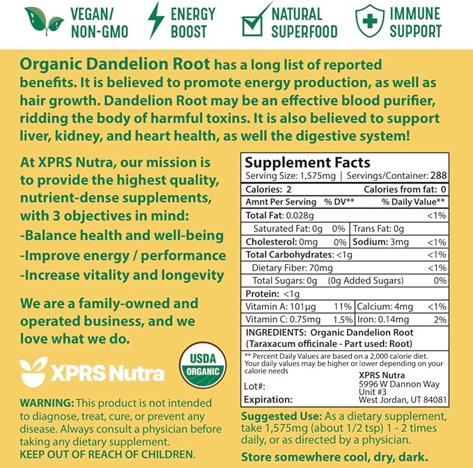 Xprs Nutra Organic Dandelion Root Powder - Vegan Friendly Antioxidant Power - Dandelion Root for Tea and Beverages