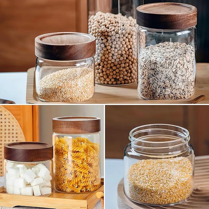 17 Fl oz/500 ml Glass Food Storage Jar, Premium Clear Glass Container Jar with Airtight Wooden Screw Lid, Kitchen Canisters for Coffee,Tea,Pasta,Cookies, Nuts,Spice,Candy,Overnight Oatmeal（Small)
