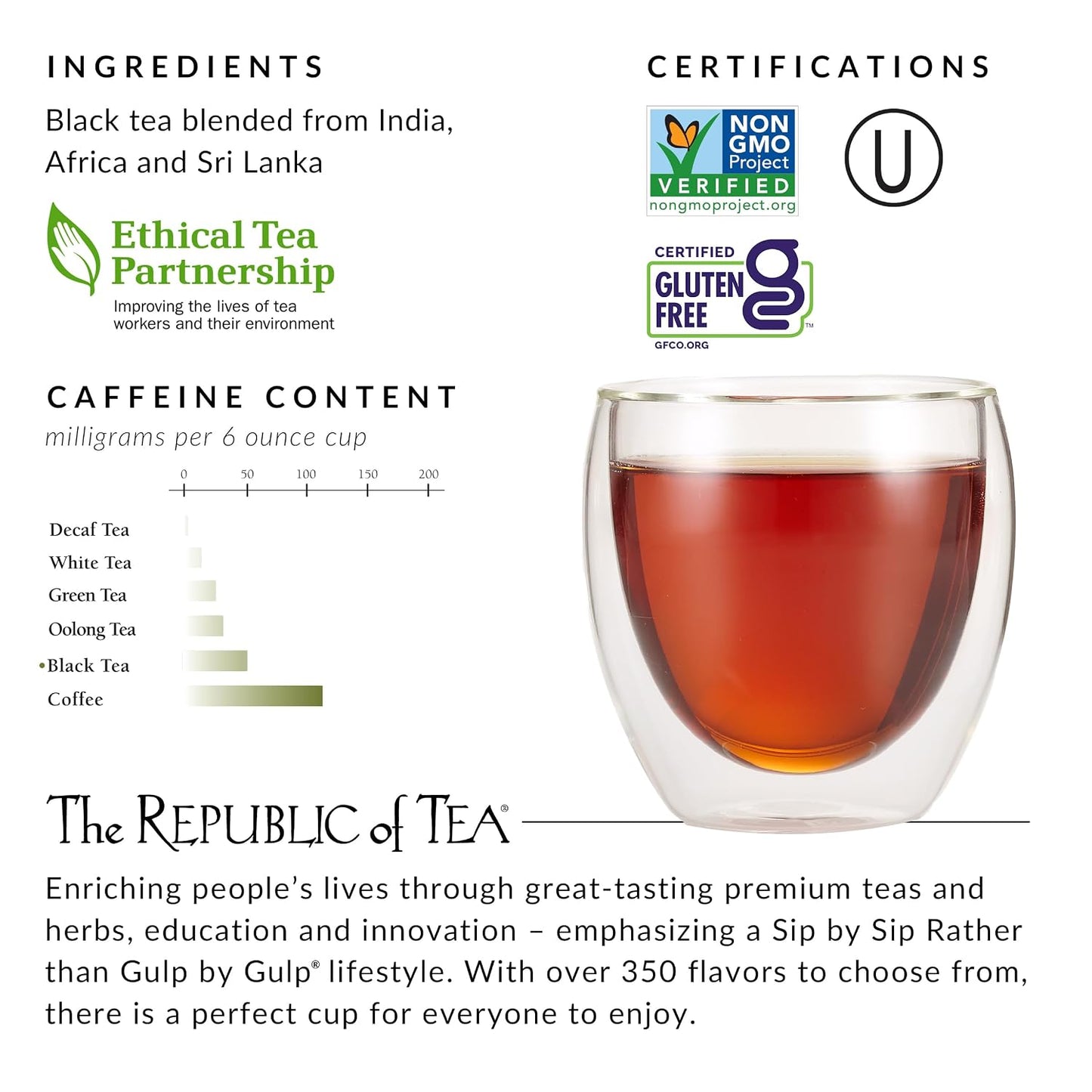The Republic of Tea British Breakfast Black Tea, 50 Count | Naturally Caffeinated. Made for morning or afternoon sipping. Brisk and full-bodied. Gluten Free and Kosher.
