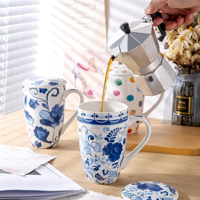 Gbhome Tea Mug with Infuser and Lid, 18 Ounce Large Ceramic Loose Leaf Tea Cup, Microwave, Dishwasher Safe Tea Steeping Mug