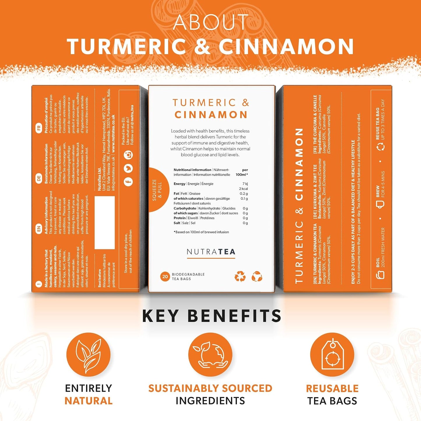 Nutra Tea - Turmeric &amp; Cinnamon Tea | Turmeric Tea - 20 Individually Wrapped, Reusable Teabags - Caffeine Free, All Natural Herbal Blend (1 Pack)