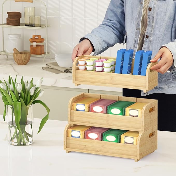 Wisuce Tea Holder for Tea Bags Organizer - Bamboo Tea Organizer for Tea Bags 3-Tier Stackable Wall Mount Large Capacity Tea Storage Box (Nature)