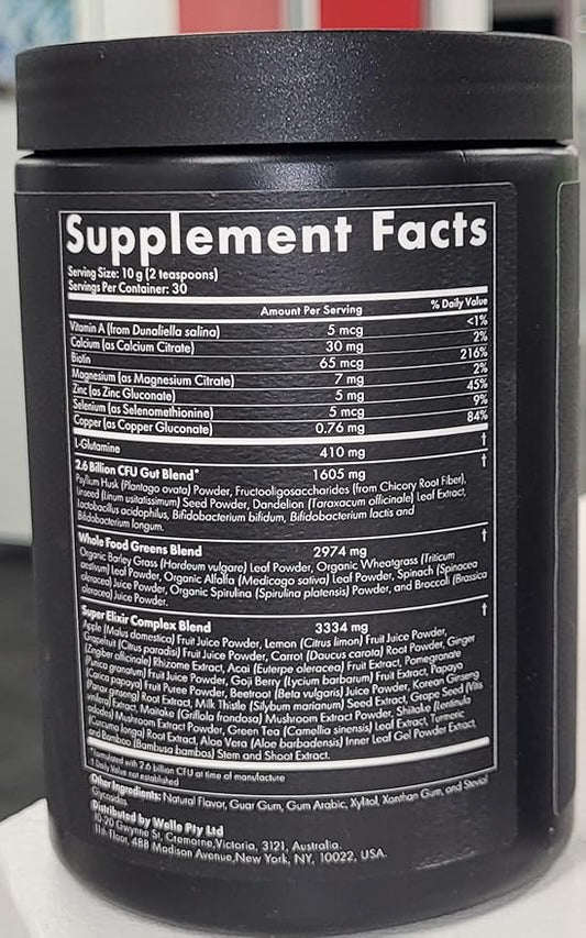 WelleCo The Super Elixir Daily Greens Powder, Probiotic Drink Mix with Whole Foods, Gluten Free, Vegan Gut Health Powder, Energy, Immunity, Healthy Skin, Hair & Nails (300g, Lemon Ginger)