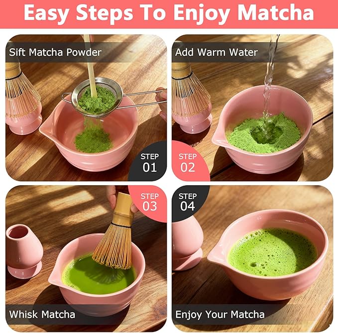 Matcha Whisk Set Cute 18 oz Matcha Bowl Kit 5 pcs Great for Tea Lover Pink