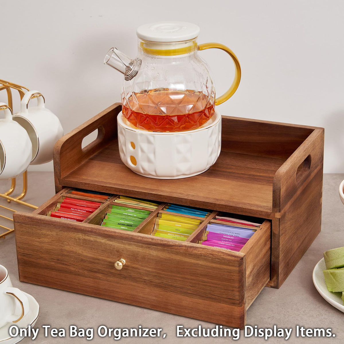 SARUFO Acacia Wood Tea Bag Organizer with Drawer - Tea Station Chest and Storage Box, Coffee and Teabag Holder with 8