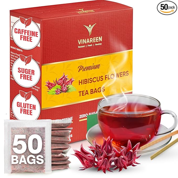 VINAREEN Hibiscus Tea - 50 Tea Bags - Made from 100% Pure Hibiscus Flowers [Sun-Dried & Handpicked] - Te De Flor De Jamaica - Rich in Antioxidants & Flavor - Caffeine Free, Vegan,Non-GMO,No Additives
