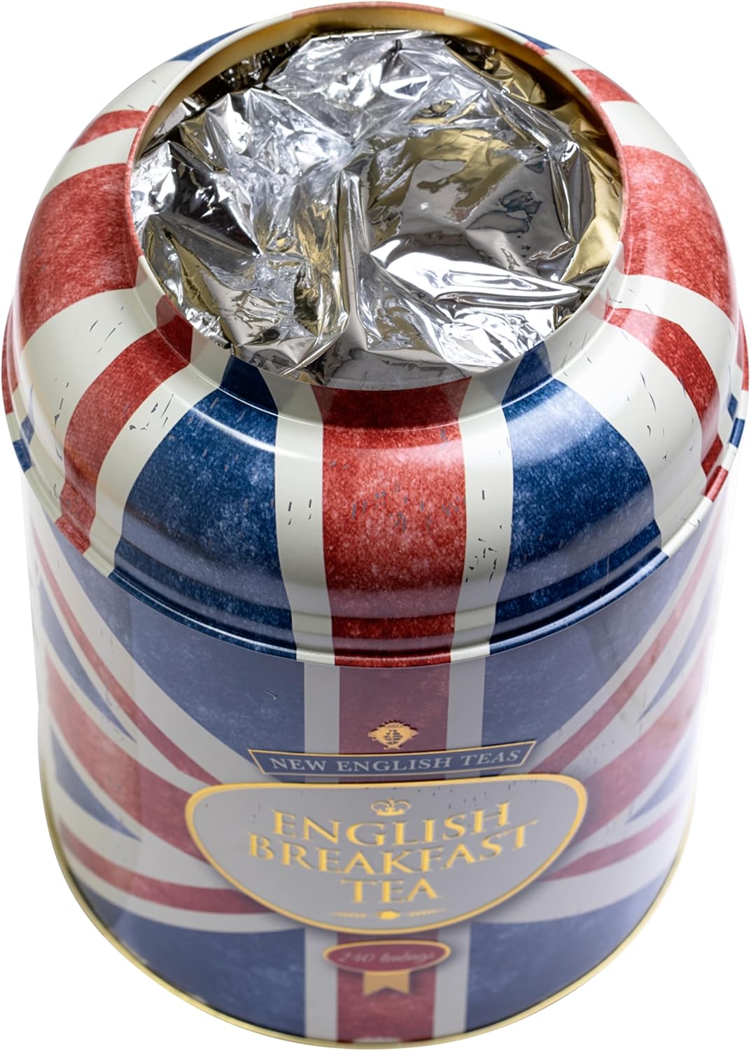 New English Teas Union Jack Large Round Tea Caddy with 240 English Breakfast Teabags