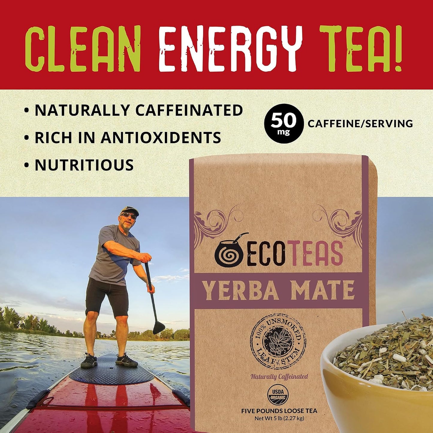 ECOTEAS Organic Yerba Mate Loose Tea Traditional Cut 5 lb Bulk Value Bag | 5 lb bulk traditional cut with stems and powder, USDA organic kosher non-GMO, brews in French press gourd or bombilla