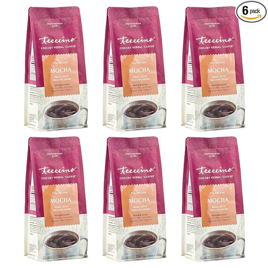 Teeccino Mocha Chicory Coffee Alternative - Ground Herbal Coffee That’s Prebiotic, Caffeine-Free & Acid Free, Medium Roast, 11 Ounce (Pack of 6)