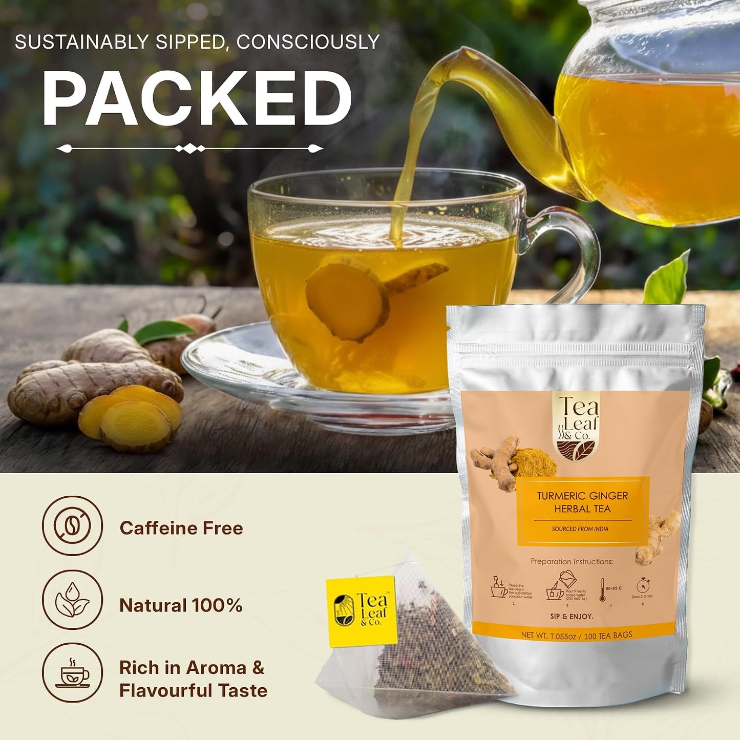 Tealeaf &amp; Co. Turmeric Ginger Herbal Tea - Organic Ginger Turmeric Tea Bags with Fresh Herbs and Spices - Low Caffeine &amp; Gluten Free - 100 Teabags (7.055oz/200gm)