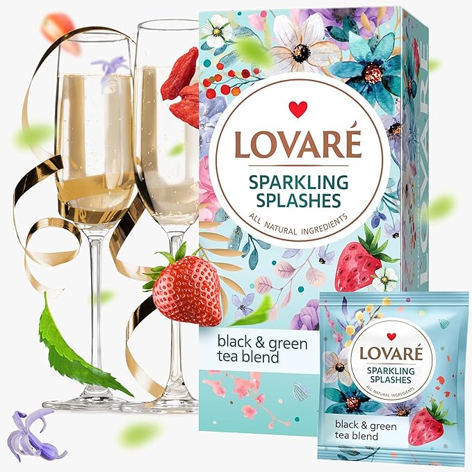 LOVARE Sparkling Splashes Tea Bags 48 g - Made in Ukraine - Classic Black and Sencha Green Flavored Tea Blend - Tea Bags Individually Wrapped - Gift Box Sets for Tea Lovers (24 Tea Bags x 2 g Each)