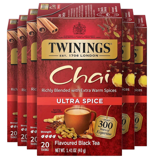 Twinings Ultra Spice Chai Black Tea Bags, 20 CT Box (6 Pack) | Sweet &amp; Savoury, Extra Cinnamon, Ginger, Cardamom &amp; Clove, Naturally Caffeinated, 120 Foil Lined Individually Wrapped Bags