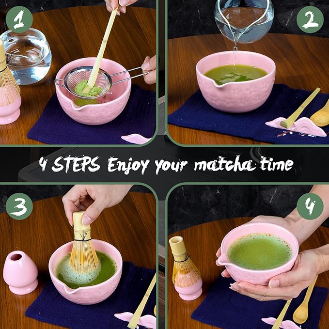 Matcha Whisk Set Pink, 8Pcs Matcha Set Kit include Matcha Bowl, Matcha Whisk and Holder, Bamboo Scoop, Scoop Rest, Sifter and Tea Towel