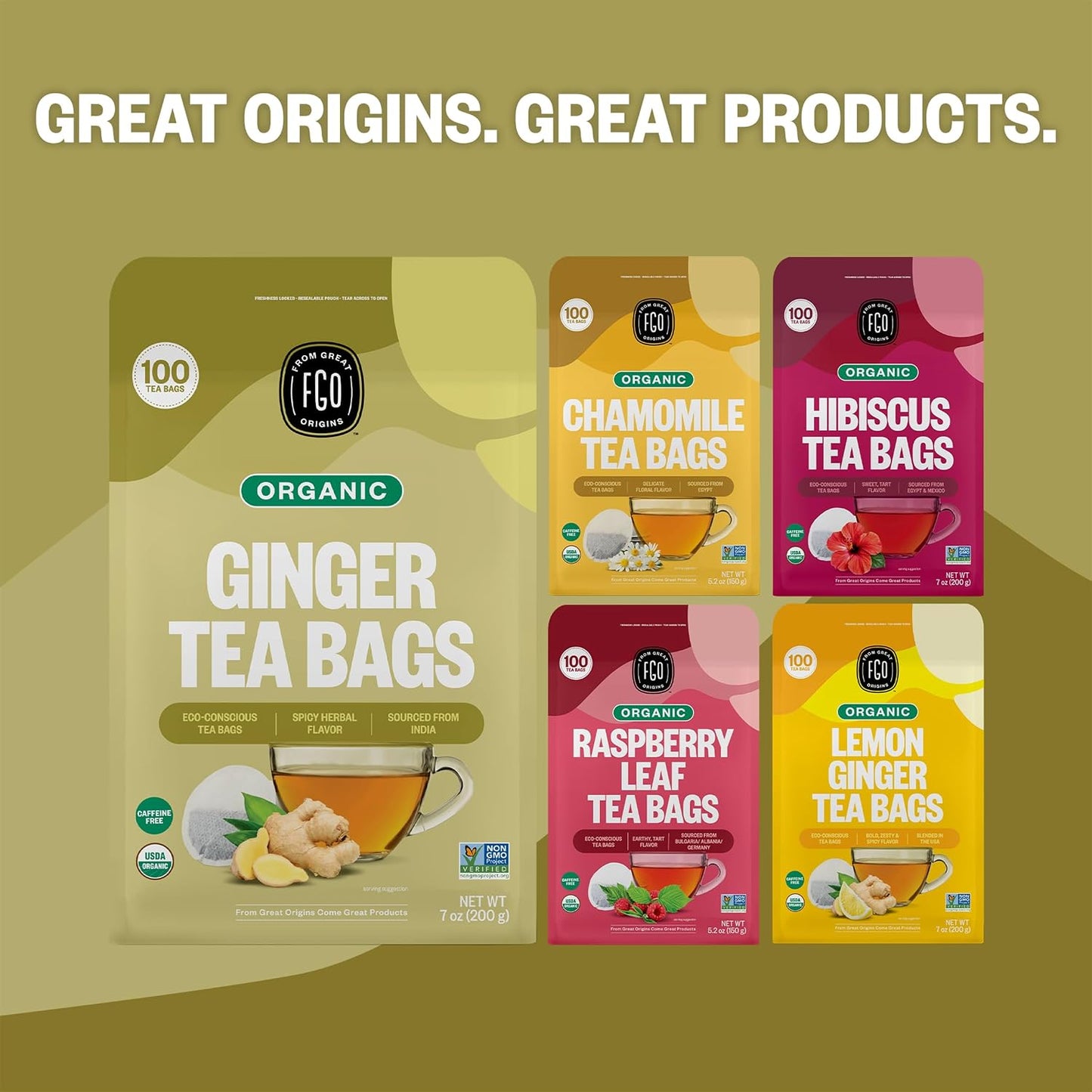 FGO Organic Ginger Tea, 100 Count, Eco-Conscious Tea Bags, Resealable Bag, Packaging May Vary (Pack of 1)