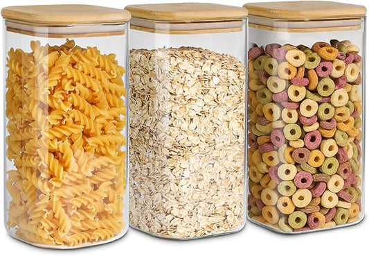 ComSaf Airtight Glass Storage Canister with Wood Lid (1.6 Qt), Clear Food Storage Container Jar with Sealing Lids for Oat Pasta Flour Cereal Rice