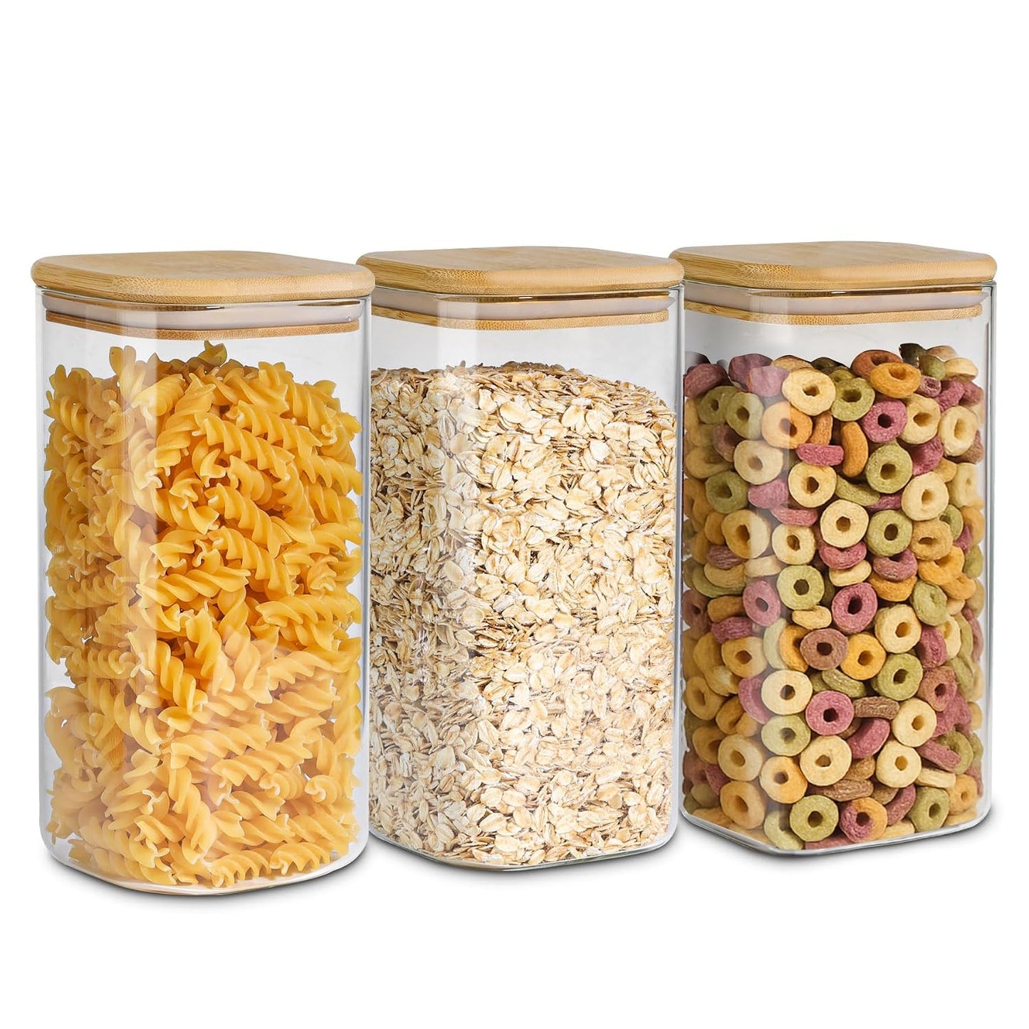 ComSaf Airtight Glass Storage Canister with Wood Lid (1.6 Qt), Clear Food Storage Container Jar with Sealing Lids for Oat Pasta Flour Cereal Rice