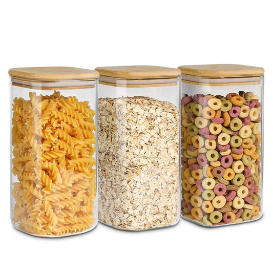 ComSaf Airtight Glass Storage Canister with Wood Lid (1.6 Qt), Clear Food Storage Container Jar with Sealing Lids for Oat Pasta Flour Cereal Rice