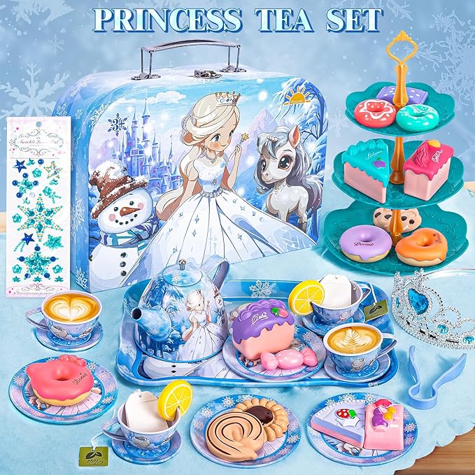 Frozen Tea Party Set for Little Girls, Princess Gift Toy, Kids Pretend Play Tin Tea Set with Teapot, Tea Cups, Food Playset & Carrying Case