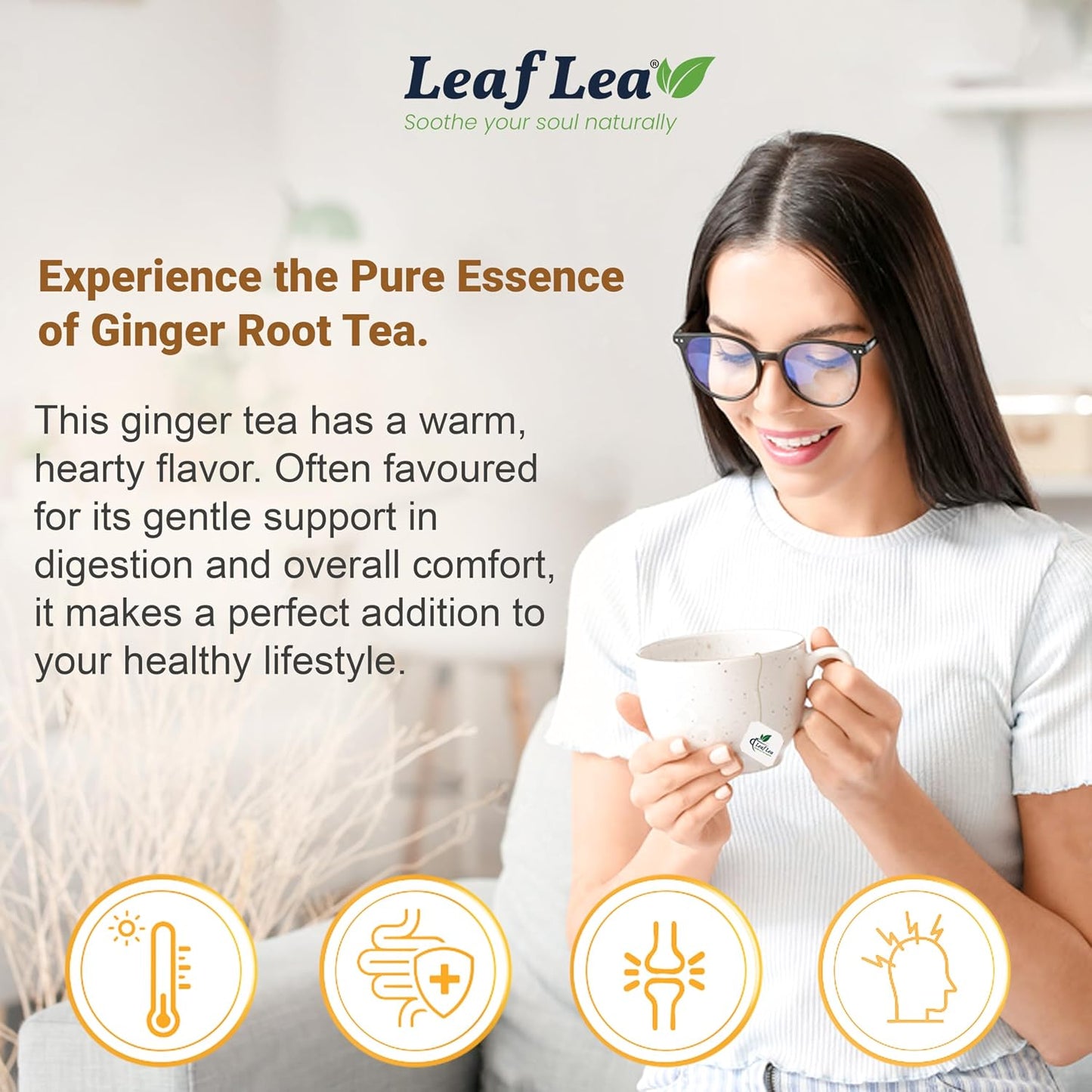 LeafLea Ginger Tea Bags, Strong Ginger Herbal Tea, 160 Count Bulk | Spicy Single-Ingredient Brew, Individually Foil-Wrapped, Best-Value Stock-Up, Supports Digestion, Caffeine-Free