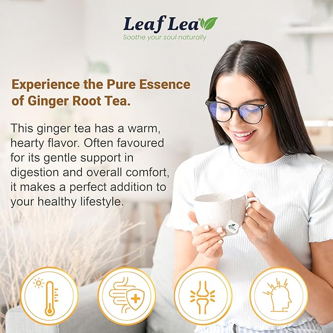 LeafLea 40 Ginger Tea Bags, 100% Pure & Natural from Dried Ginger Root Tea, Spicy & Comforting Herbal Tea Supports Digestion, Caffeine Free, Sugar Free, No Gluten, Non-GMO, Vegan