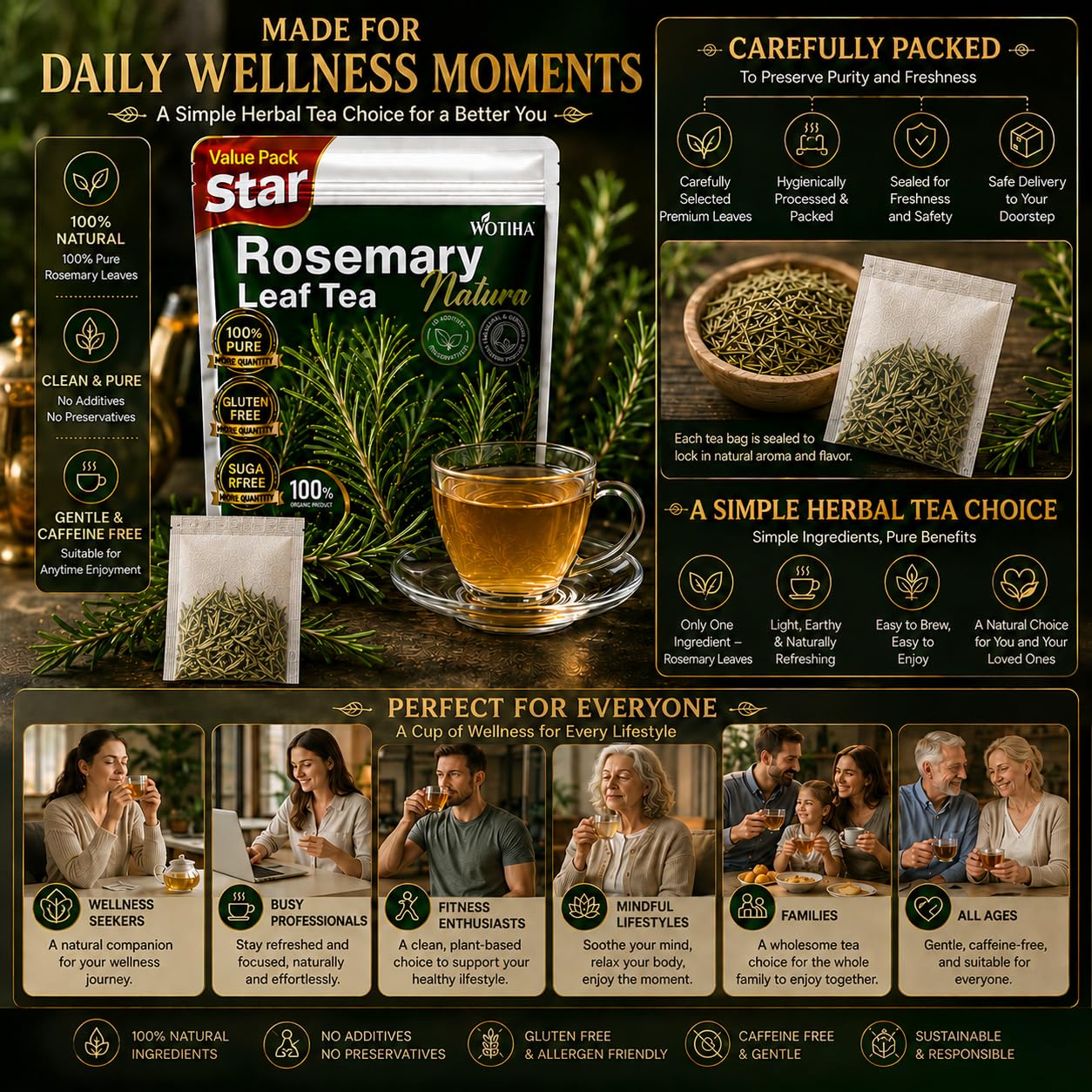 WOTIHA 60 Count Premium Rosemary Leaf Tea Bags - 100% Pure Natural Rosemary Leaves, Stimulating, Antioxidants &amp; Minerals, Caffeine-Free, No Additives.