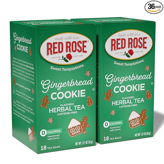 Red Rose Sweet Temptations Dessert Tea Gingerbread Cookie, Zero Carbs, Zero Sugar Bursting with Flavor Caffeine-Free Delicious Beverage Herbal Tea, 18 Count Naturally Flavored Herbal Tea Pack of 2