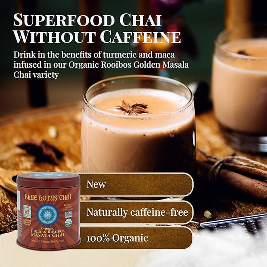 Blue Lotus Chai - Golden Rooibos Flavor Masala Chai - Makes 65 Cups - 2 Ounce Masala Spiced Chai Powder with Organic Spices - Instant Indian Tea No Steeping - No Gluten