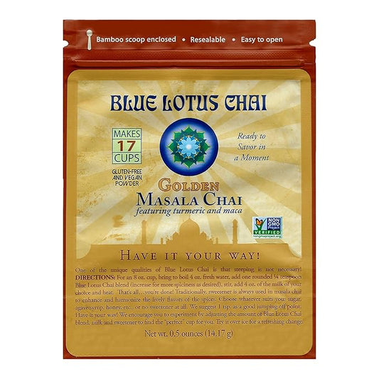 Blue Lotus Chai - Golden Masala Flavor Chai - Makes 17 Cups - 0.5 Ounce Masala Spiced Chai Powder with Organic Spices - Instant Indian Tea No Steeping - No Gluten
