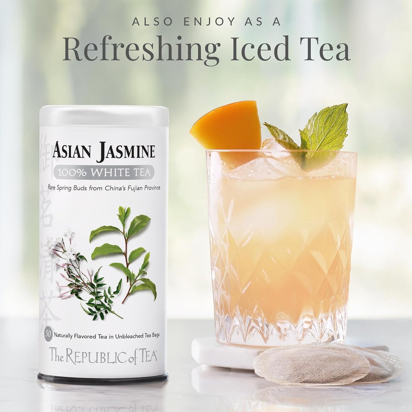 The Republic of Tea Asian Jasmine 100% White Tea, Low Caffeine, 50 Count | A gentle cup for everyday sipping. Delicate and smooth. Gluten Free and Carb Free.
