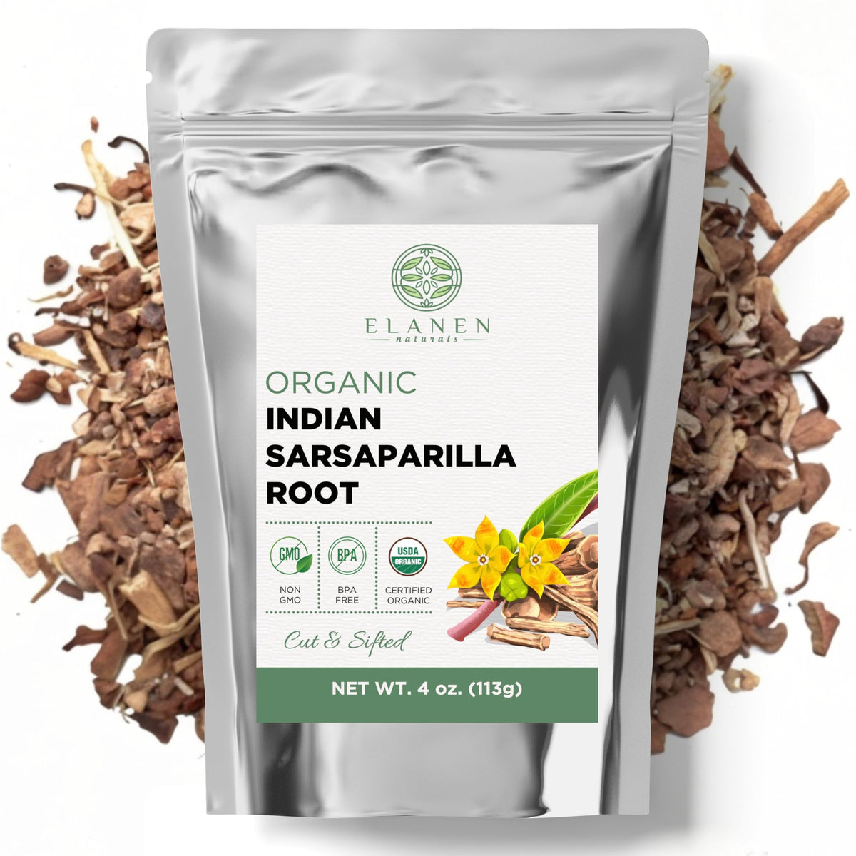 Elanen Naturals Organic Sarsaparilla Root 4 oz. (113g), USDA Certified Organic Indian Sarsaparilla Tea, Hemidesmus Indicus