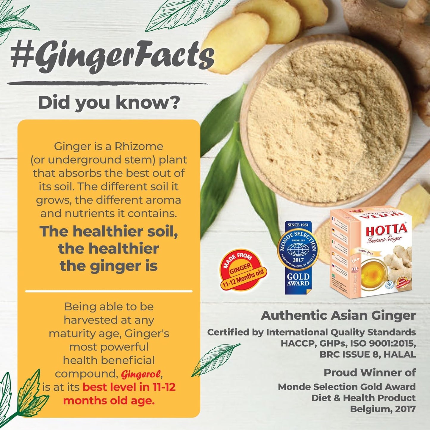HOTTA Instant 100% Ginger Drink Powder, No Sugar, Bold & Spicy, Caffeine-Free Herbal Tea, Easy to Brew, Enjoy Hot or Cold, Real Thai Ginger, 12 Sachets