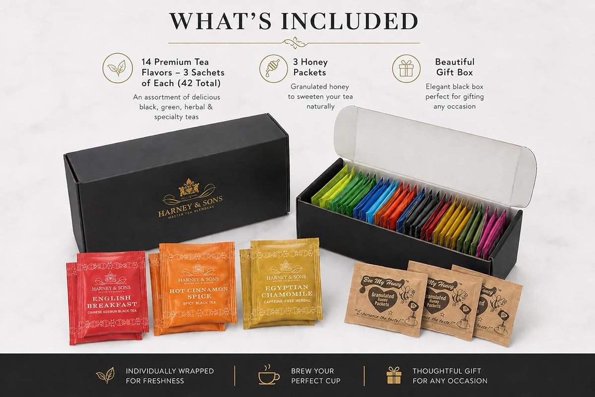 Harney & Sons Assorted Tea Bag Sampler Bundle 42 Count With Honey Crystal Packs Great for Birthday