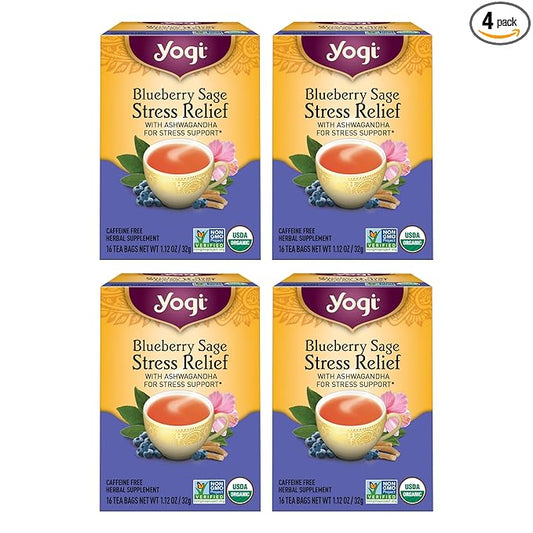 Yogi Tea Blueberry Sage Stress Relief - 16 Tea Bags per Pack (4 Packs) - Relaxing, Calming Tea to Support Stress Response - Includes Ashwagandha