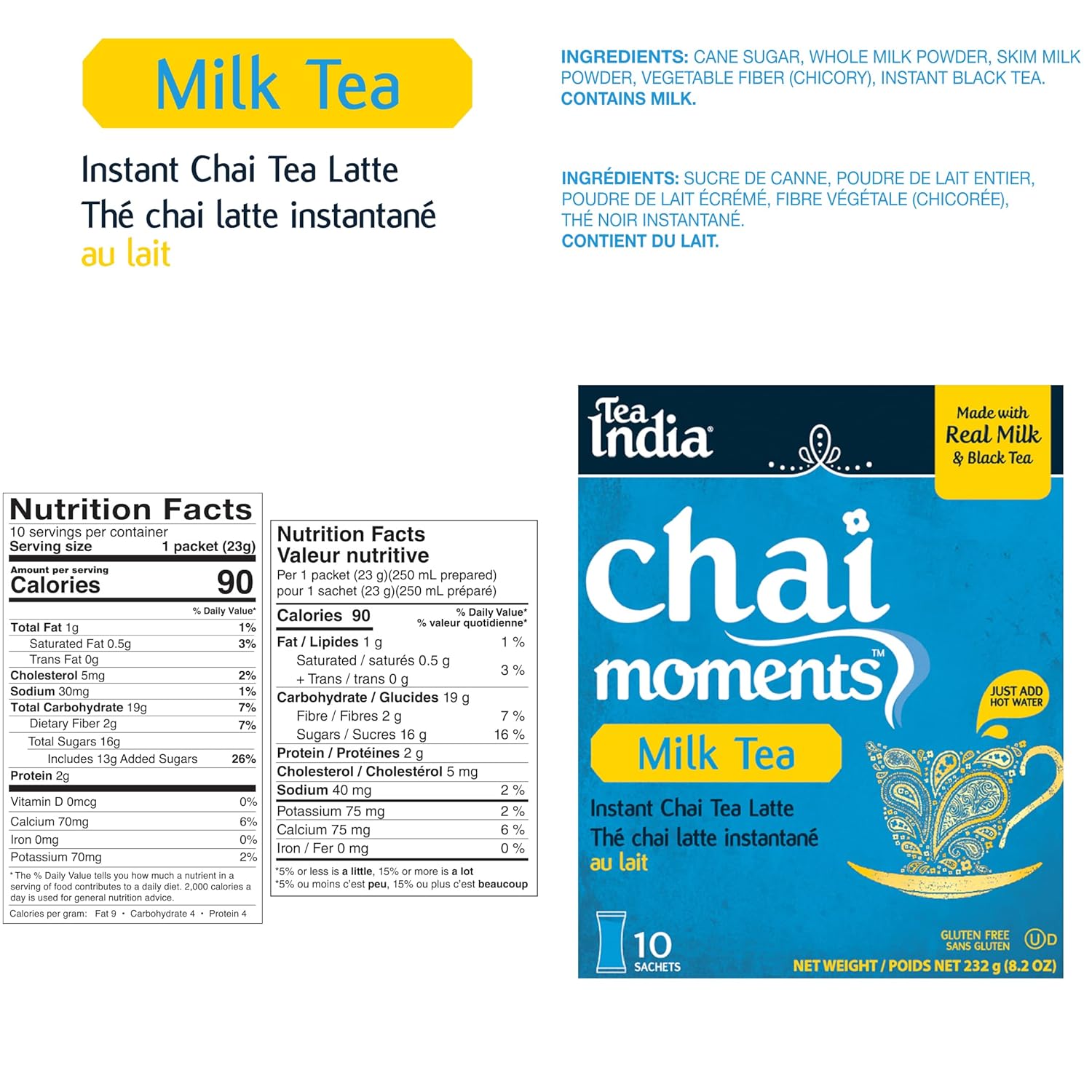 Tea India Chai Moments Milk Tea Instant Chai Tea Powder With Milk And Sugar Instant Latte Mix Flavorful Blend Of Black Tea & Natural Ingredients Indian Tea Individually Wrapped 10 Sachets
