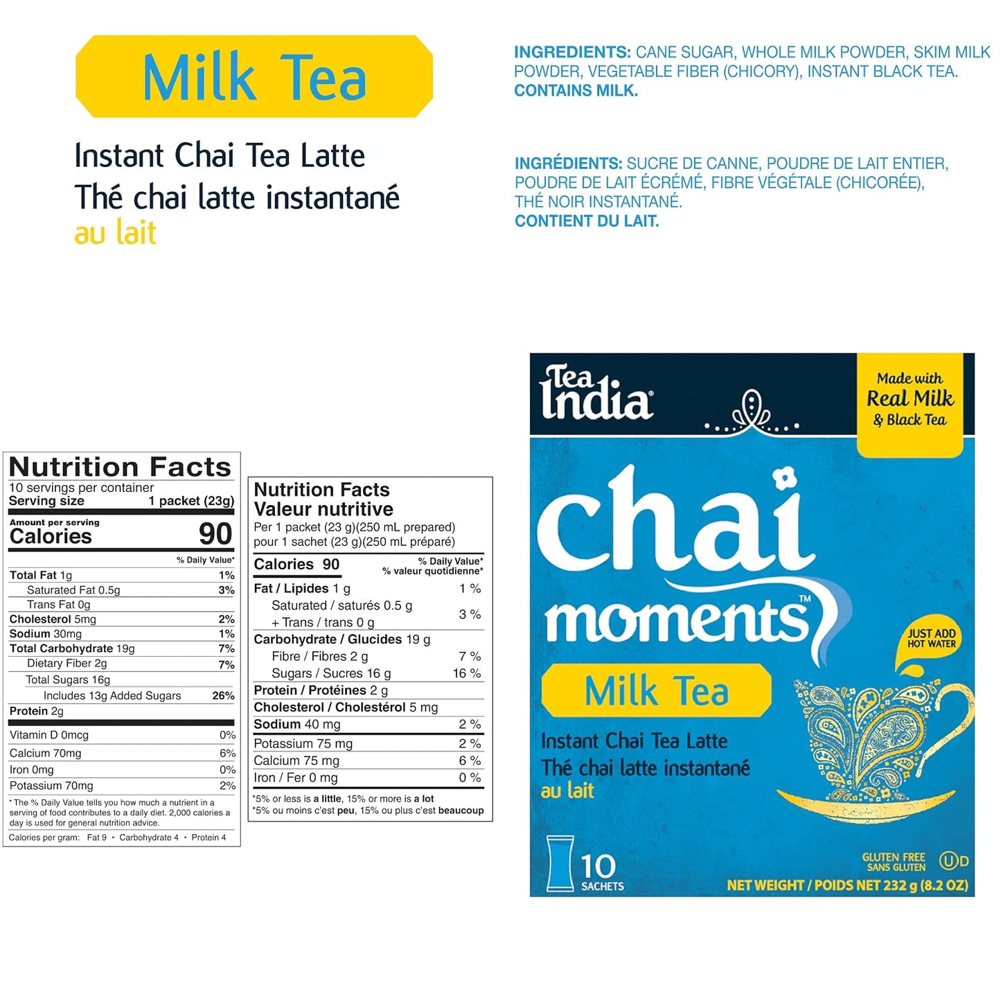 Tea India Chai Moments Milk Tea Instant Latte Powder, 10 Packets