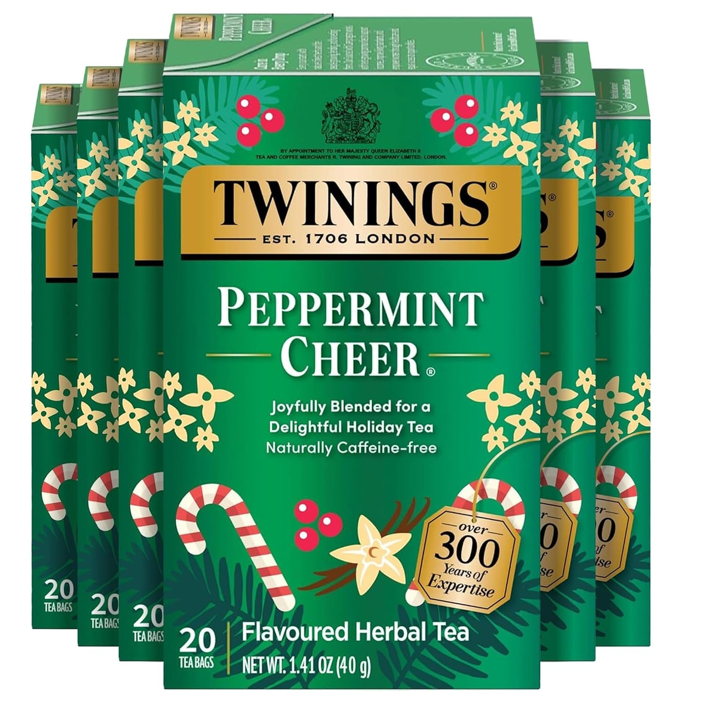 Twinings Peppermint Cheer Holiday Herbal Tea Bags, 20 CT Box (6 Pack) | Seasonal Peppermint &amp; Creamy Vanilla, Naturally Caffeine-Free, 120 Foil Lined Individually Wrapped Bags, Enjoy Hot or Iced