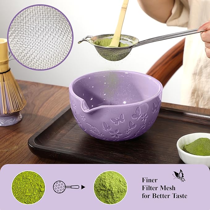 Matcha Whisk Ceramic Matcha Whisk Set Bamboo Whisk, Bowl With Spout, Powder Starter Sifter, Ceramic Whisk Holder, Tea Towel, Scoop and Scoop Rest for Matcha Tea Ceremony Purple