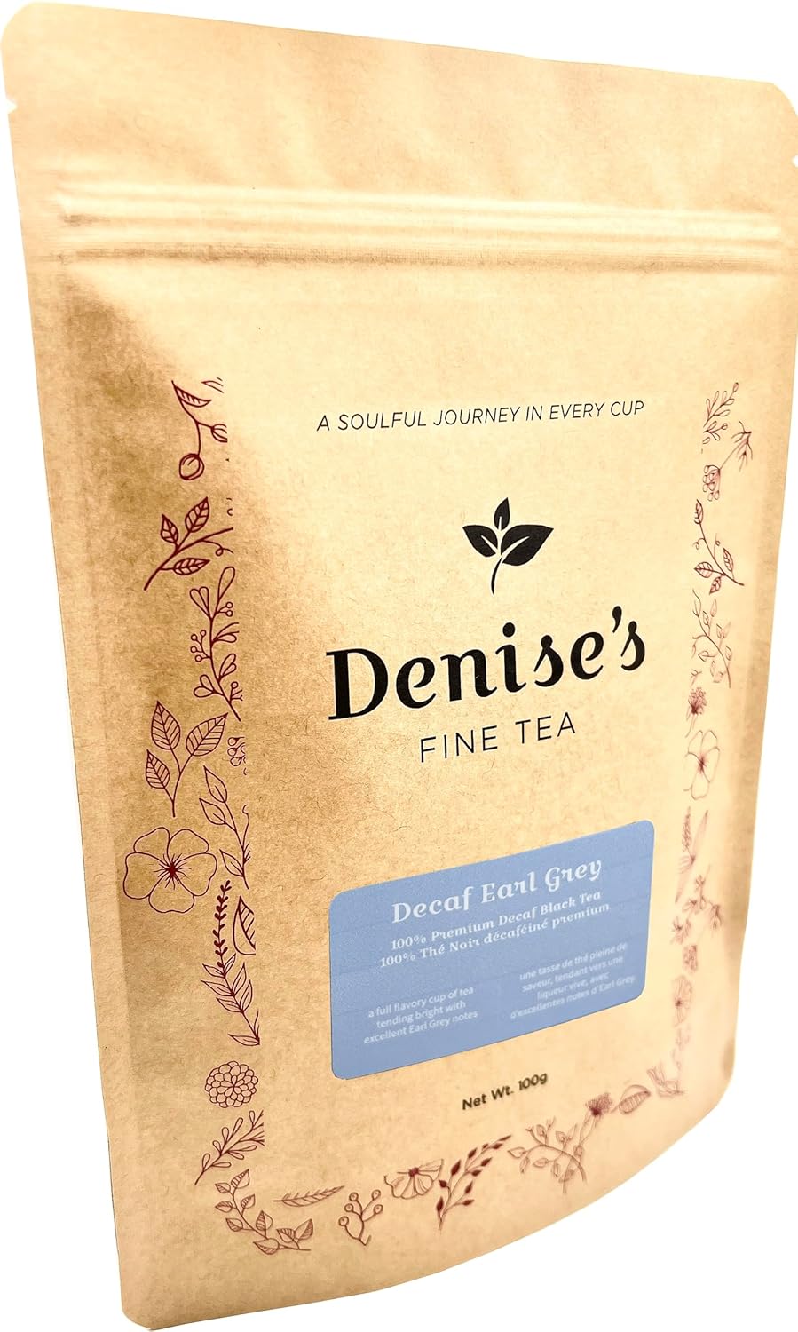 Denise's Fine Tea, Premium, Decaf Earl Grey Black Tea, Decaf Black Tea, Loose Leaf (100g) - Caffeine removed naturally using CO2