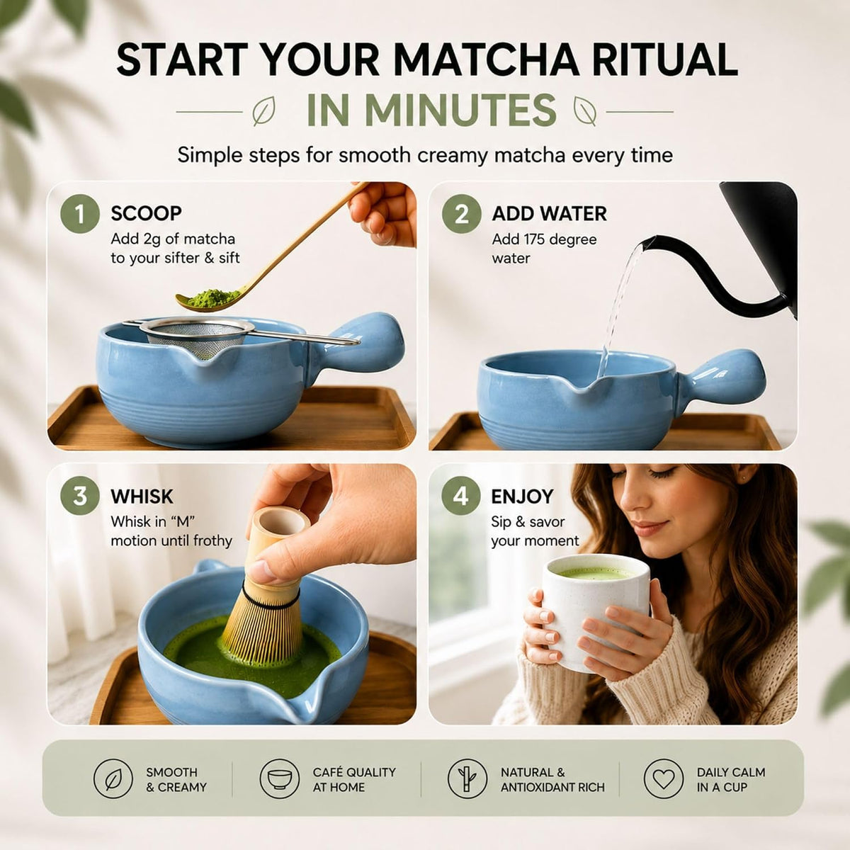 HAPPY PATH &amp; CO Patented Matcha Bowl Set with Handle &amp; Spout - Spill-Free Pouring | Complete Matcha Set for Beginners | Includes Bamboo Whisk, Scoop &amp; Stand (Sky Bear - Pastel Blue)