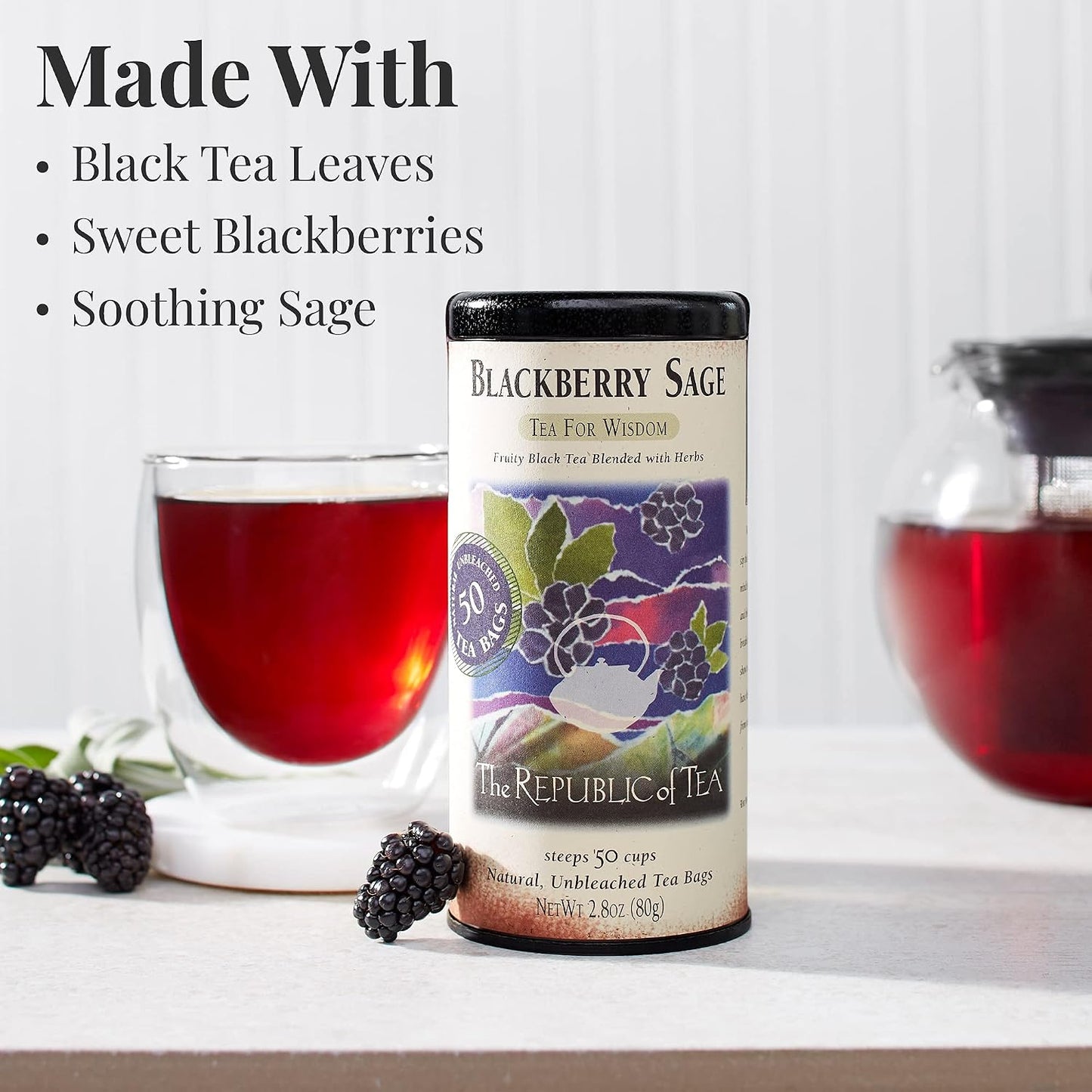 The Republic of Tea Blackberry Sage Black Tea, 50 Count | Naturally Caffeinated. Made for morning or afternoon sipping. Brisk and full-bodied. Gluten Free and Carb Free.