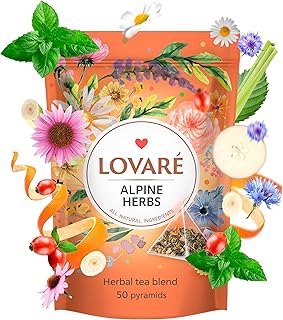 LOVARE Alpine Herbs Tea Pouch - Pyramid Tea Bags 50 Pack x 2 g - Made in Ukraine - Doypack with Lemongrass, Chamomile Flowers, Rose Hips, Orange, Blackberry, and More - Flavored Tea Pyramid Bags