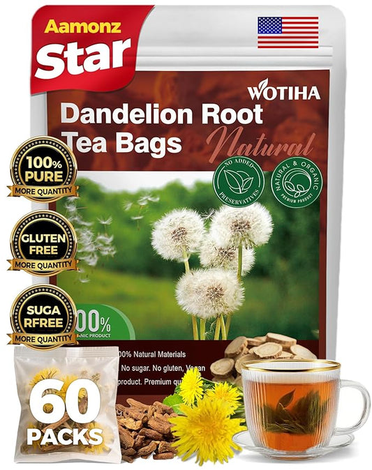 WOTIHA-Natural Dandelion Root tea 120g. 60 Herbal Tea Bags Diente de León .Non-GMO • Additive-Free • Caffeine-Free.No Gluten .Vegan