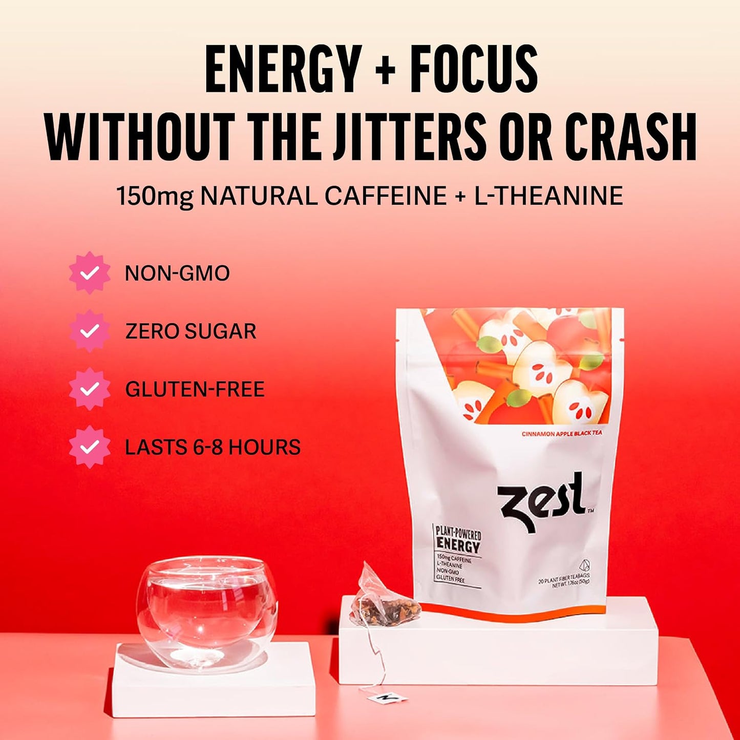Zest Cinnamon Apple Spice Energy Tea – High Caffeine Black Tea Bags for Focus, Clarity &amp; Morning Energy – Natural Non-GMO Caffeinated Breakfast Tea – Cozy Fall Focus Tea with 150mg Caf – 20Ct Pack