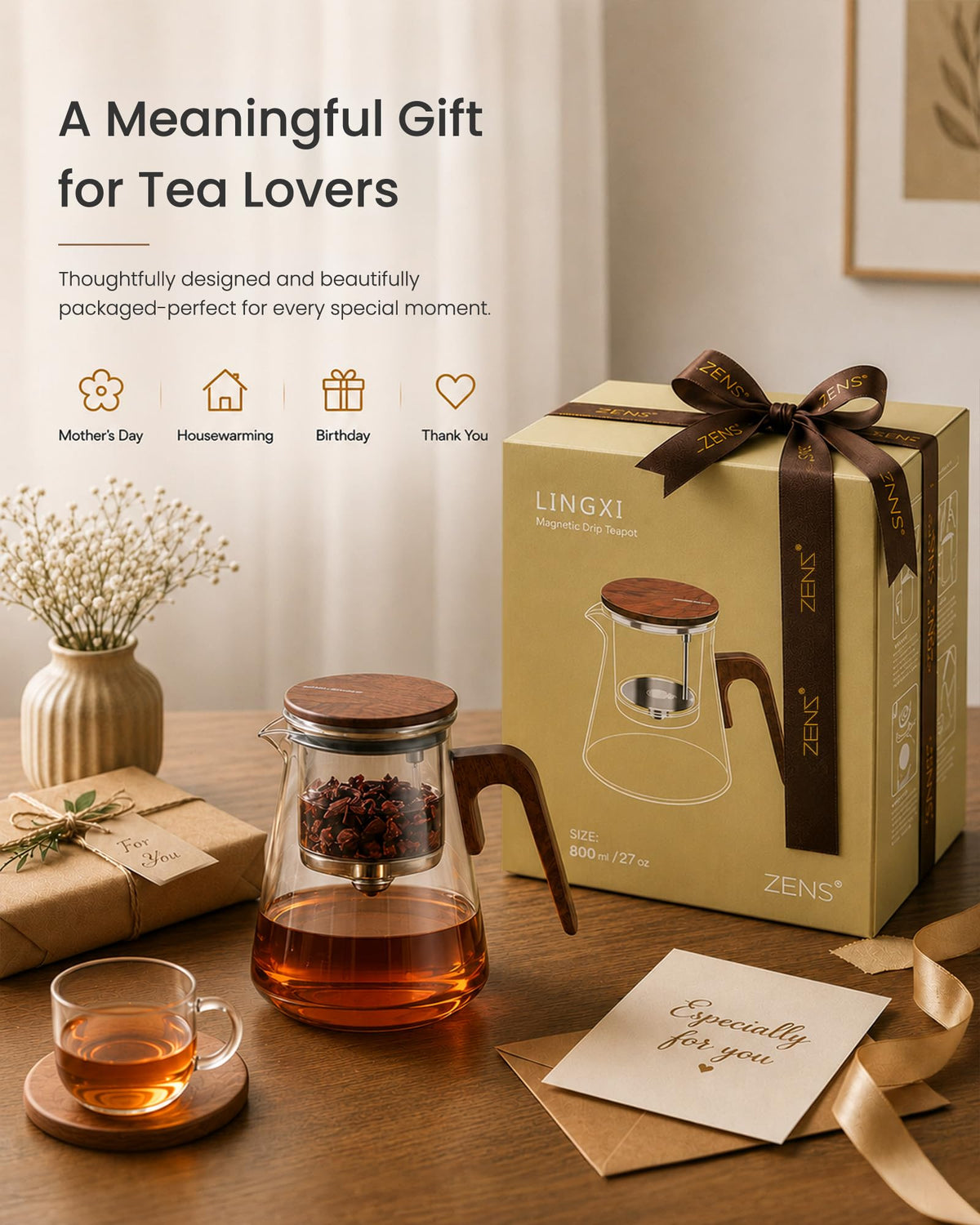ZENS Magnetic Glass Infuser Teapot for Loose Leaf Tea, 27oz Magic Tea Pot